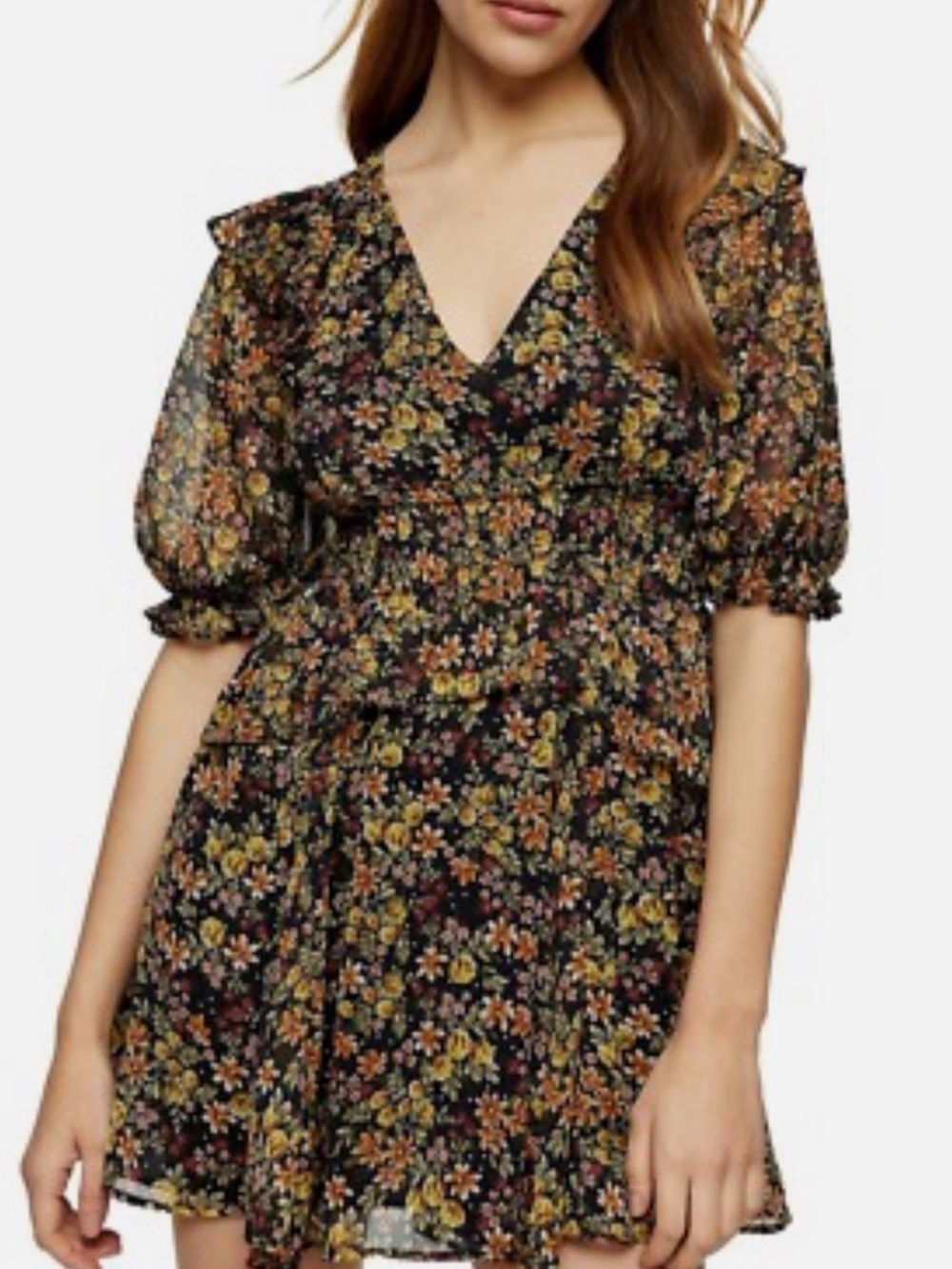 NWT Topshop Black Floral V-Neck Puff Sleeve Mini Dress. Lined. Sz 10
